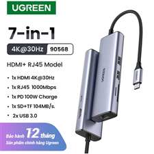 Hub type C đa năng 7 in1 4K30Hz USB type C to 2 * USB3.0 + HDMI + RJ45 + SD&TF + PD  Ugreen 90568