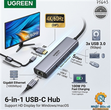 Hub USB Type-C 6 Trong 1 DP 4K@60Hz /USB 3.0/ LAN /PD 100W UGREEN 75643