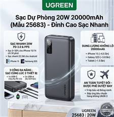 Sạc Dự Phòng 20000mAh 20W UGREEN 25683 - Sạc Nhanh PD 3.0, 3 Cổng, Dung Lượng Lớn