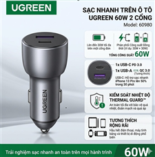 Sạc Nhanh Ô Tô 2 Cổng USB-C & USB-A 60W UGREEN 60980 - PD 30W, Sạc Nhanh, An Toàn Tuyệt Đối